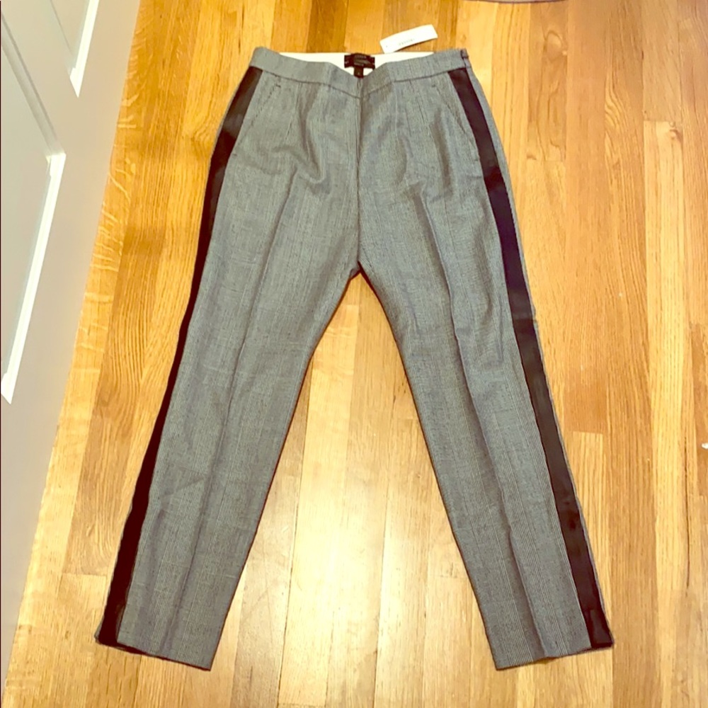 J.Crew Black Plaid Minnie pant w leather strip - 0